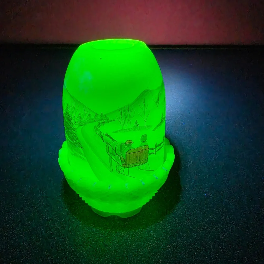 Fenton Fairy Lamp Burmese Uranium Glass Hand Painted Winter Sleigh RARE!